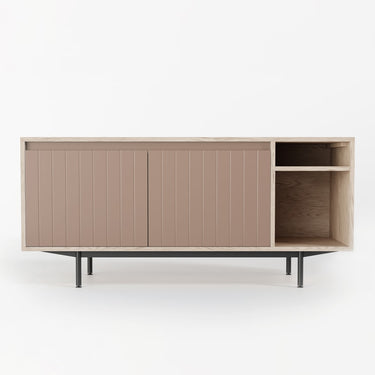 Studio beige and white oak TV stand in a white room | ff&e dorm furniture manufacturers | Roomy | Chicago