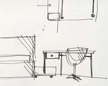 Room sketch of bed desk and chair